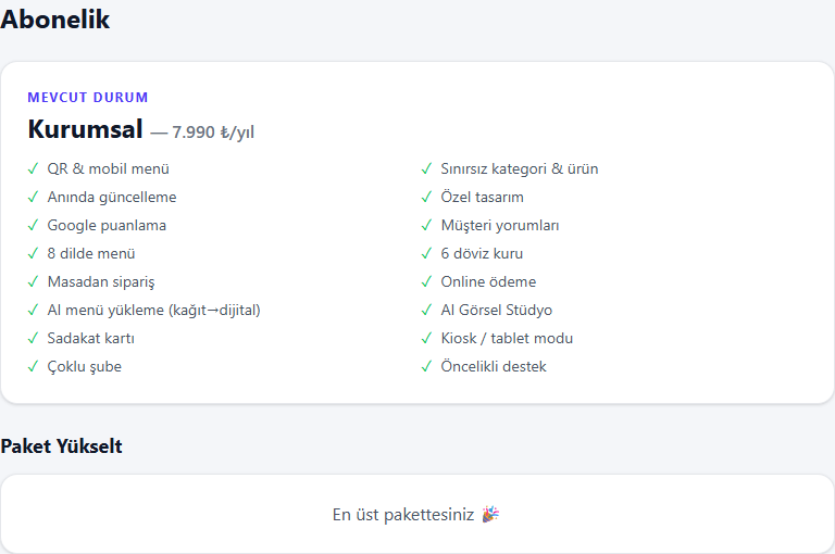 Paket özellik listesi