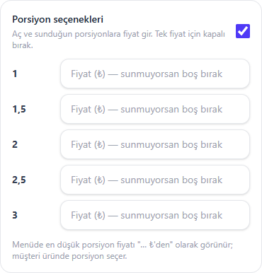 Porsiyon seçenekleri alanı